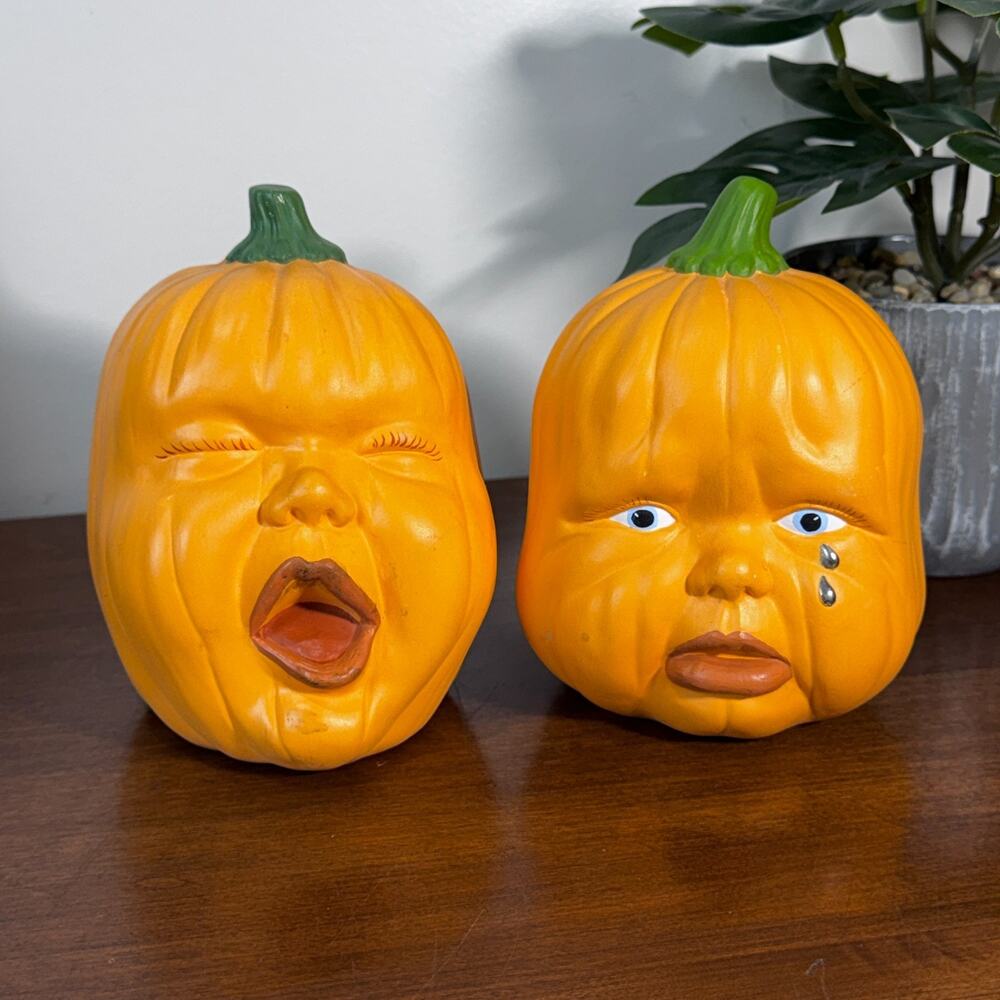 Vintage Baby Pumpkin Heads Crying Yawning Anthropomorphic Halloween Ceramic